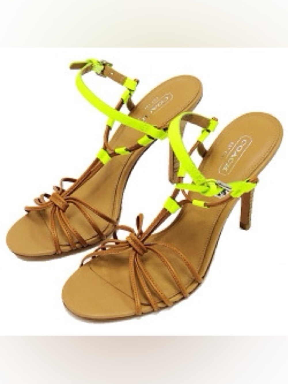 Coach Brown Leather Sandals with Neon Yellow Straps